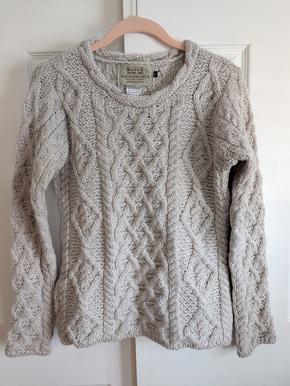 EUC Sz S Aran Sweater Market Light Gray Wool Cable Fisherman Sweater Ireland